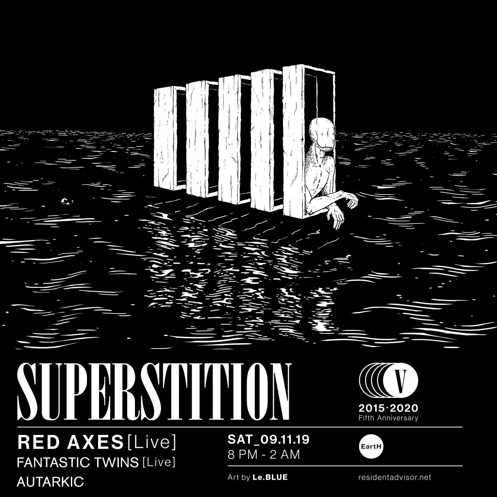 Superstition presents: Red Axes (Live Band), Autarkic, Fantastic Twins - Flyer front