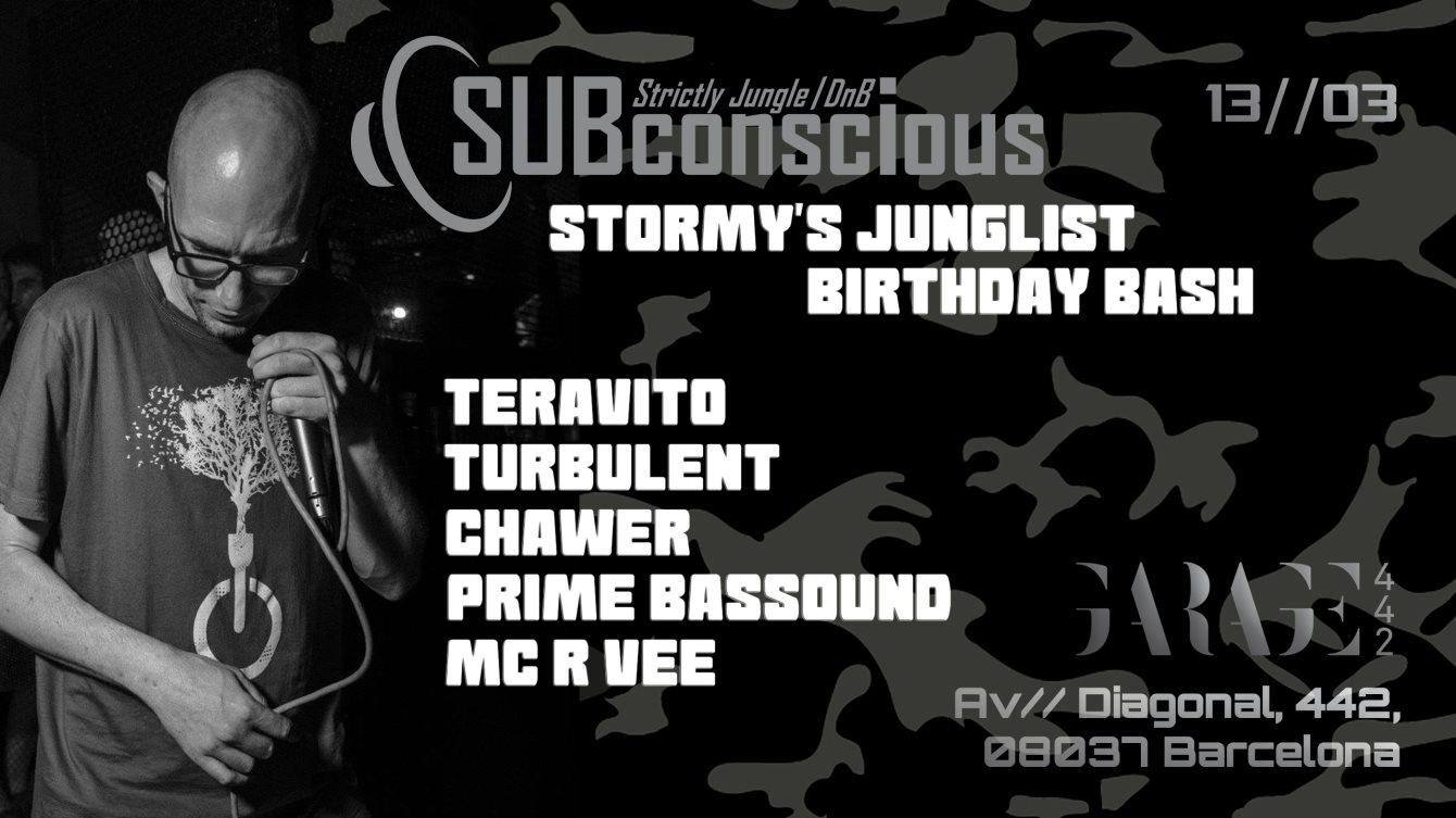 Subconscious // Stormy's Junglist Birthday Bash with MC R Vee - Flyer front