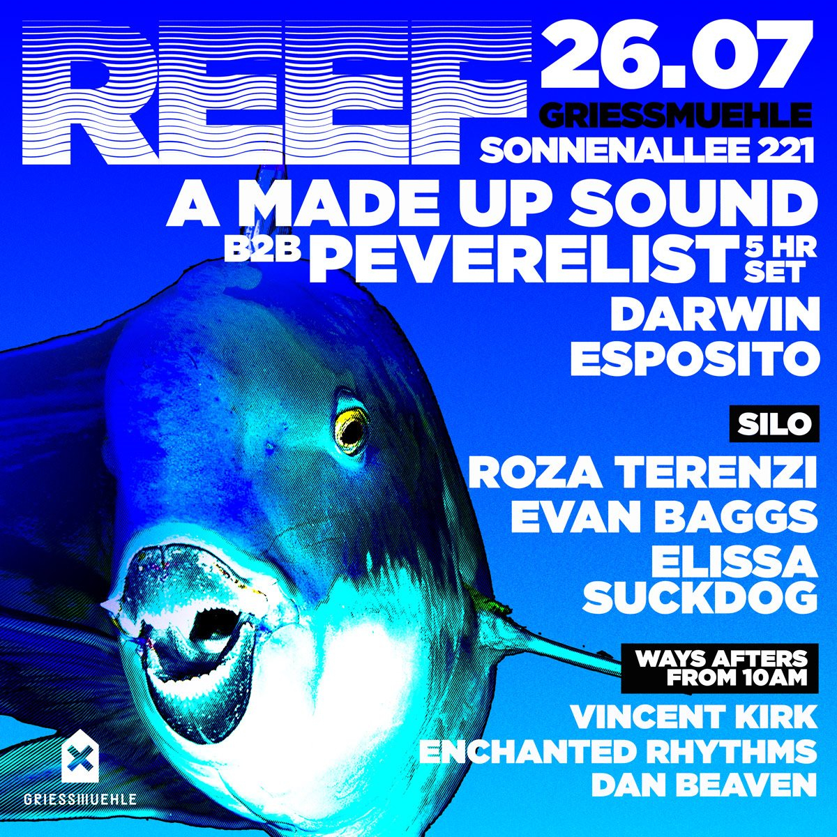 Reef with Peverelist B2B A Made Up Sound, Roza Terenzi, Evan Baggs - Flyer front