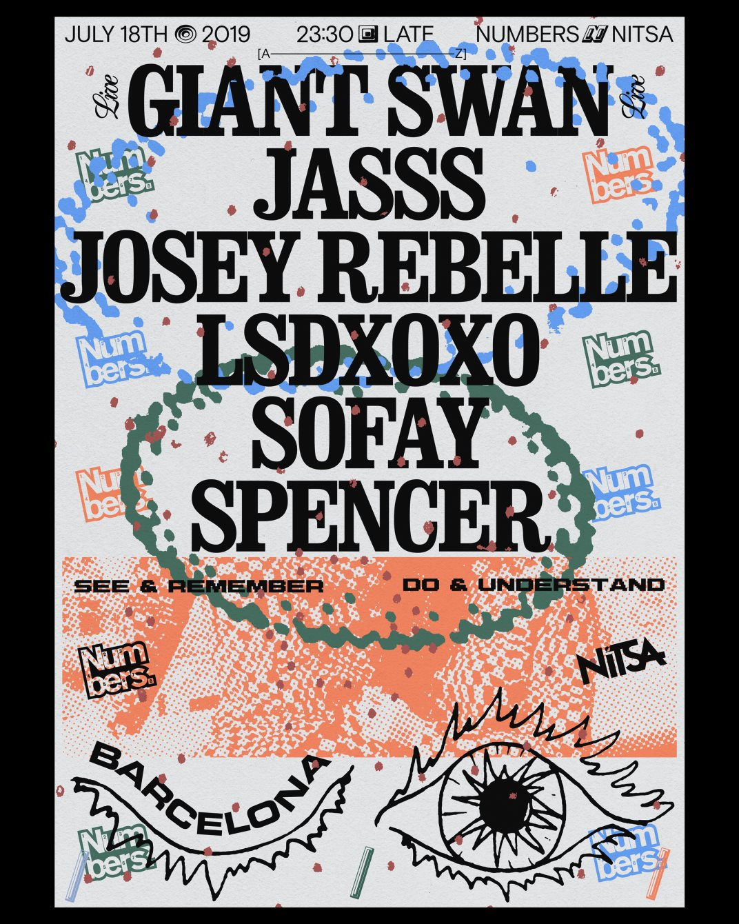 Versus 2019/ Numbers: Giant Swan live! · JASSS · Josey Rebelle · LSDXOXO · Sofay · Spencer - Flyer front