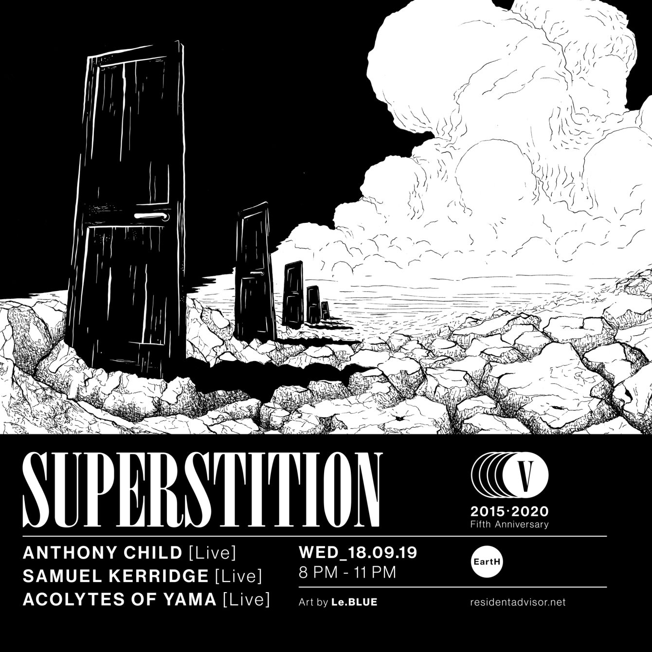 Superstition presents: Anthony Child (Live), Samuel Kerridge (Live) & Acolytes of Yama - Flyer front