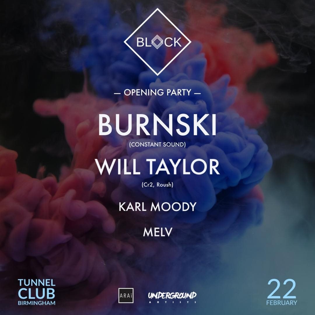 BLOCK Opening Party with Burnski and Will Taylor - Flyer front