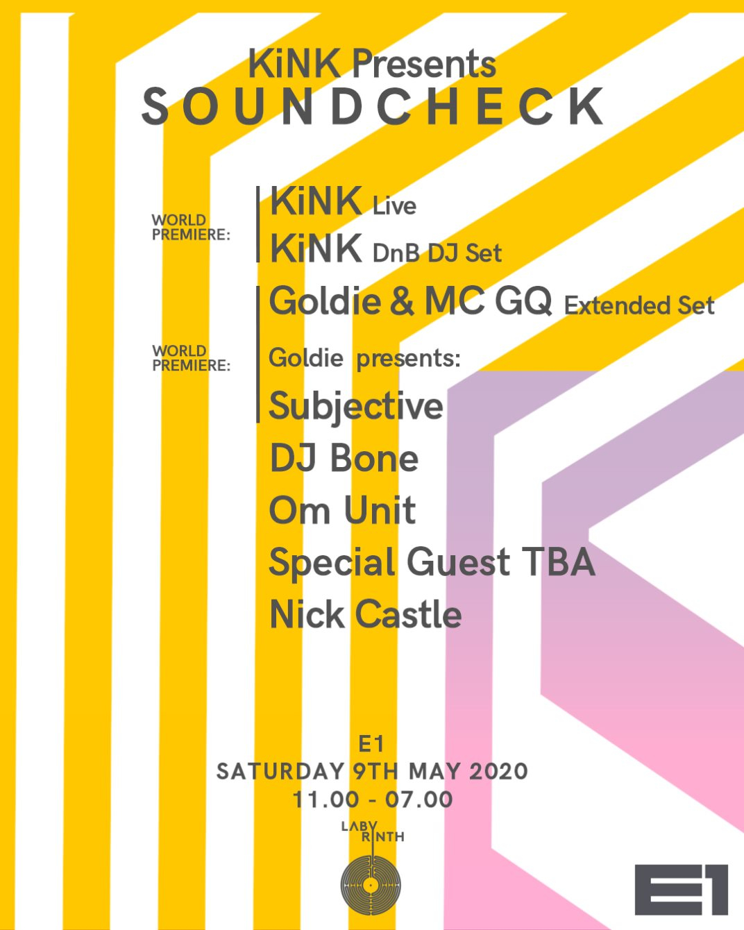 [CANCELLED] KiNK presents Soundcheck: KiNK Live & DnB DJ Set, Goldie, DJ Bone, Om Unit & More - Flyer front