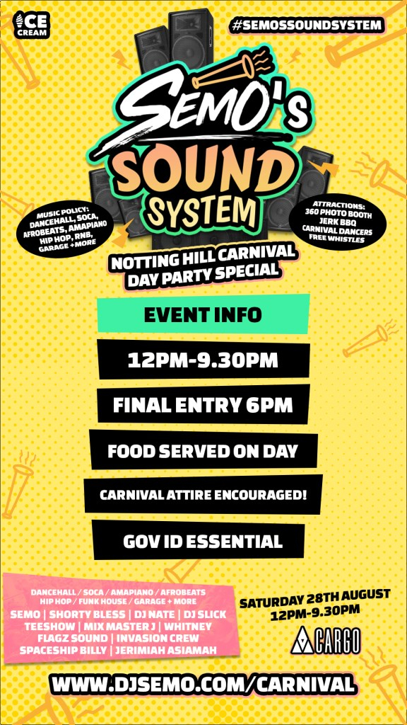Semo's Carnival Sound System 2021 - Carnival Bank Holiday Day Party Special - Flyer back
