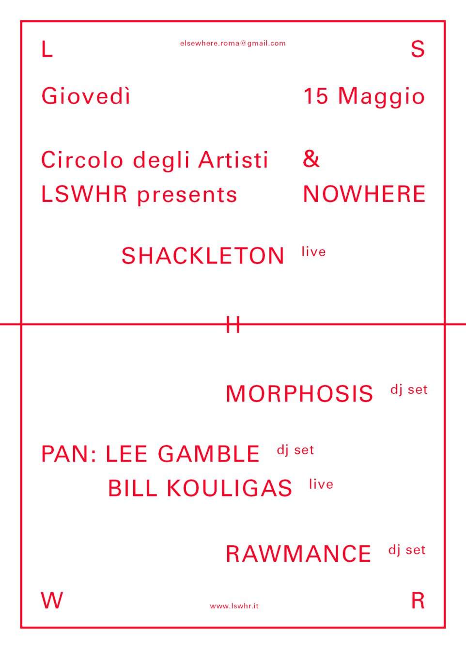 Lswhr presents Nowhere with Shackleton, Morphosis, Lee Gamble and More - Página frontal