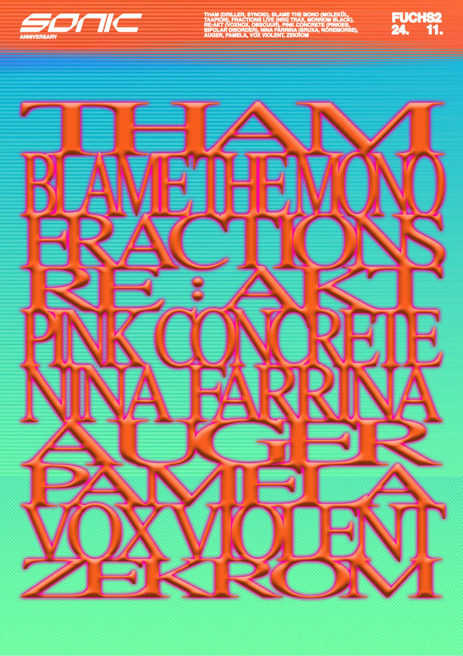 Sonic: Tham (DE), Blame The Mono (FR), re:akt (DE), Fractions, Pink Concrete, Nina Farrina - フライヤー表