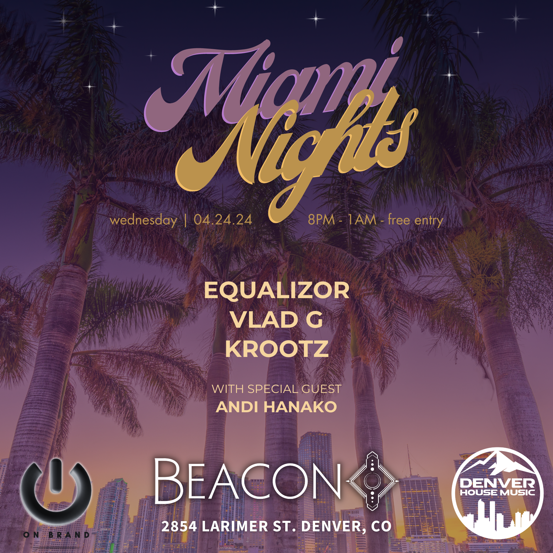Miami Nights - Equalizor, Vlad G, Krootz, Andi Hanako - フライヤー表