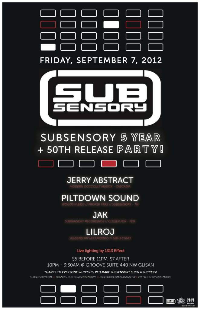 Subsensory 5 Year and 50th Release Party with Jerry Abstract, Piltdown Sound & JAK - Página frontal