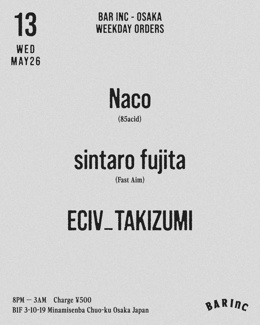 WEEKDAY ORDERS at BAR Inc, Osaka