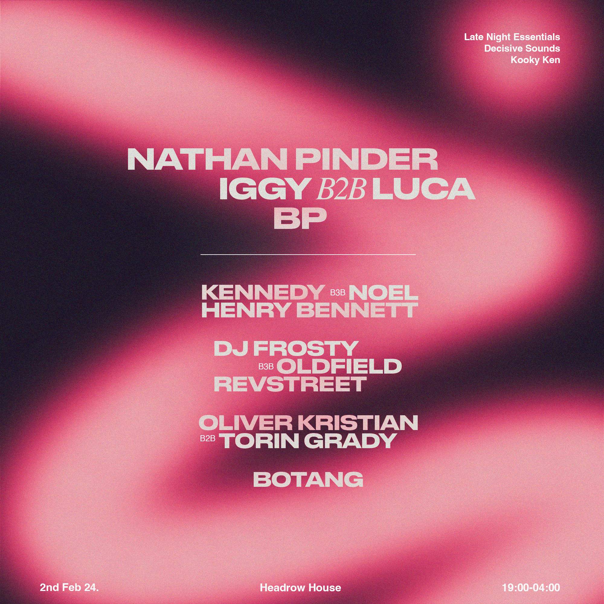 Late Night Essentials x Kooky Ken x Decisive Sounds: Nathan Pinder, Luca & IGGY, BP - フライヤー表