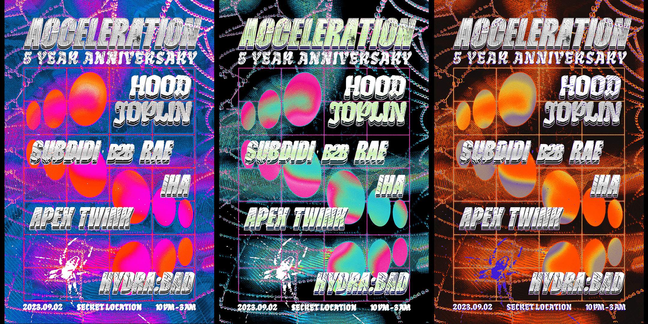 Acceleration - 5 year anniversary: Hood Joplin, Subdidi b2b Rae, IHA, hydra:bad, Apex Twink - Página frontal