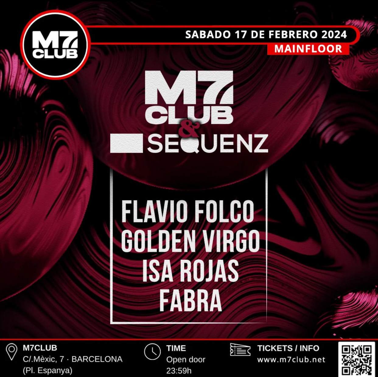 M7CLUB SEQUENZ [Flavio Folco, Golden Virgo, Isa Rojas & Fabra] - フライヤー表
