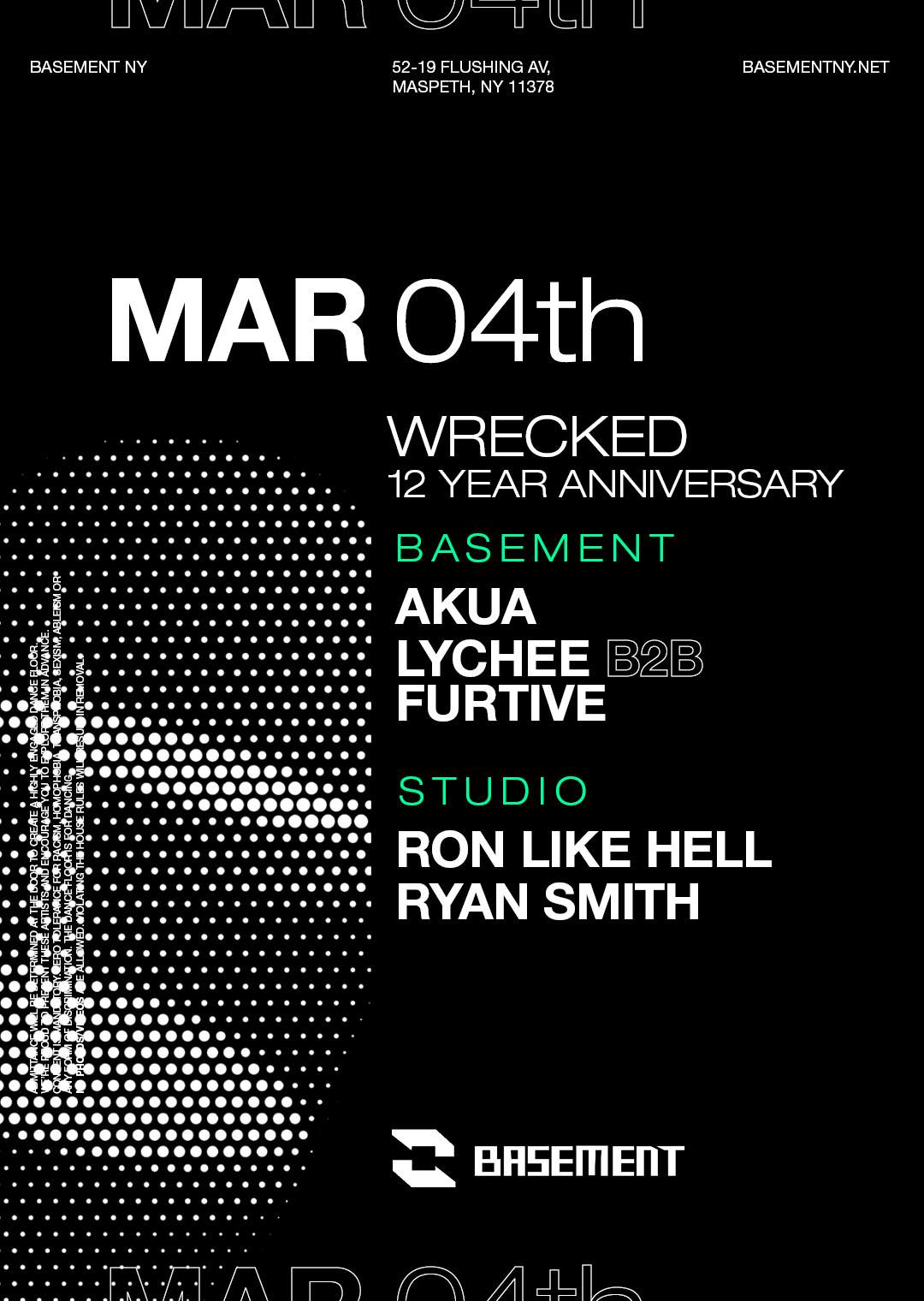 Wrecked 12 Year Anniversary: Akua / Lychee b2b Furtive / Ron Like Hell / Ryan Smith - Página frontal