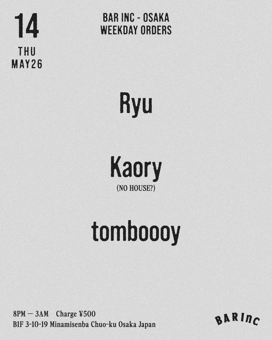 WEEKDAY ORDERS at BAR Inc, Osaka