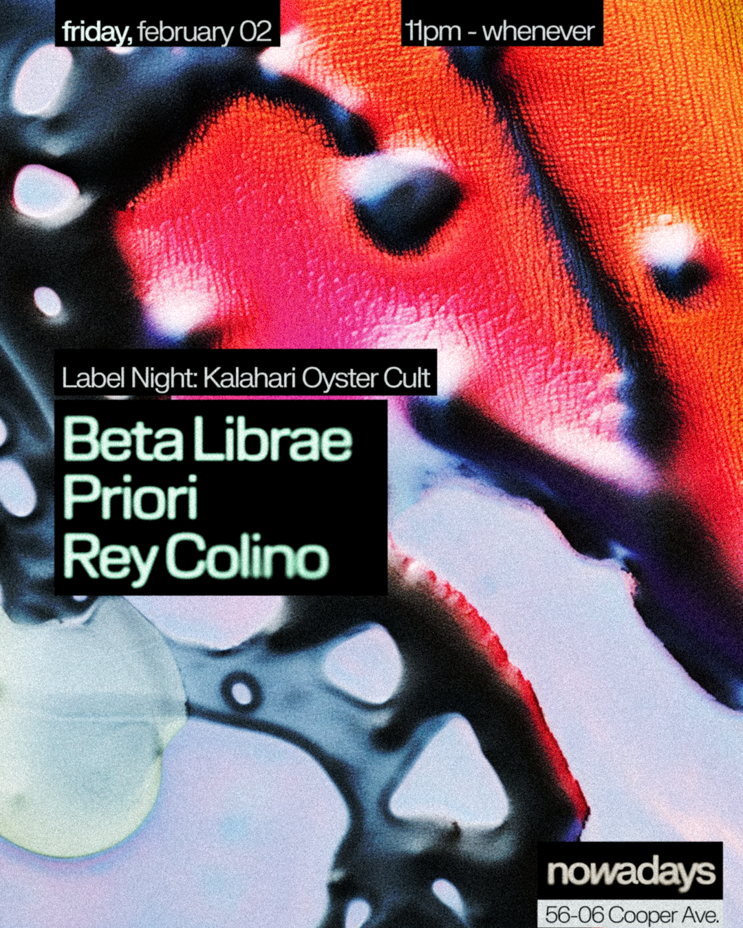 Label Night: Kalahari Oyster Cult with Rey Colino, Beta Librae and Priori - Página frontal