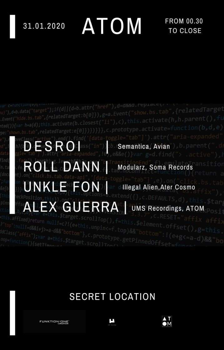 Atom Techno Club with Desroi,Roll Dann,Unkle Fon,Alex Guerra - フライヤー表
