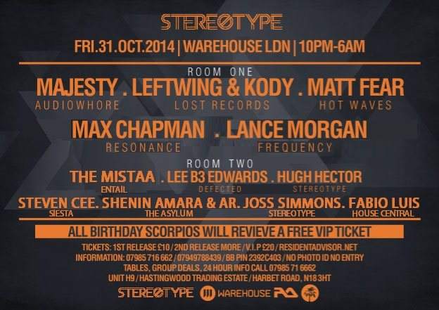 Stereotype presents Dj Majesty's Halloween Birthday with Leftwing & Kody, Max Champman & Guests - Página trasera