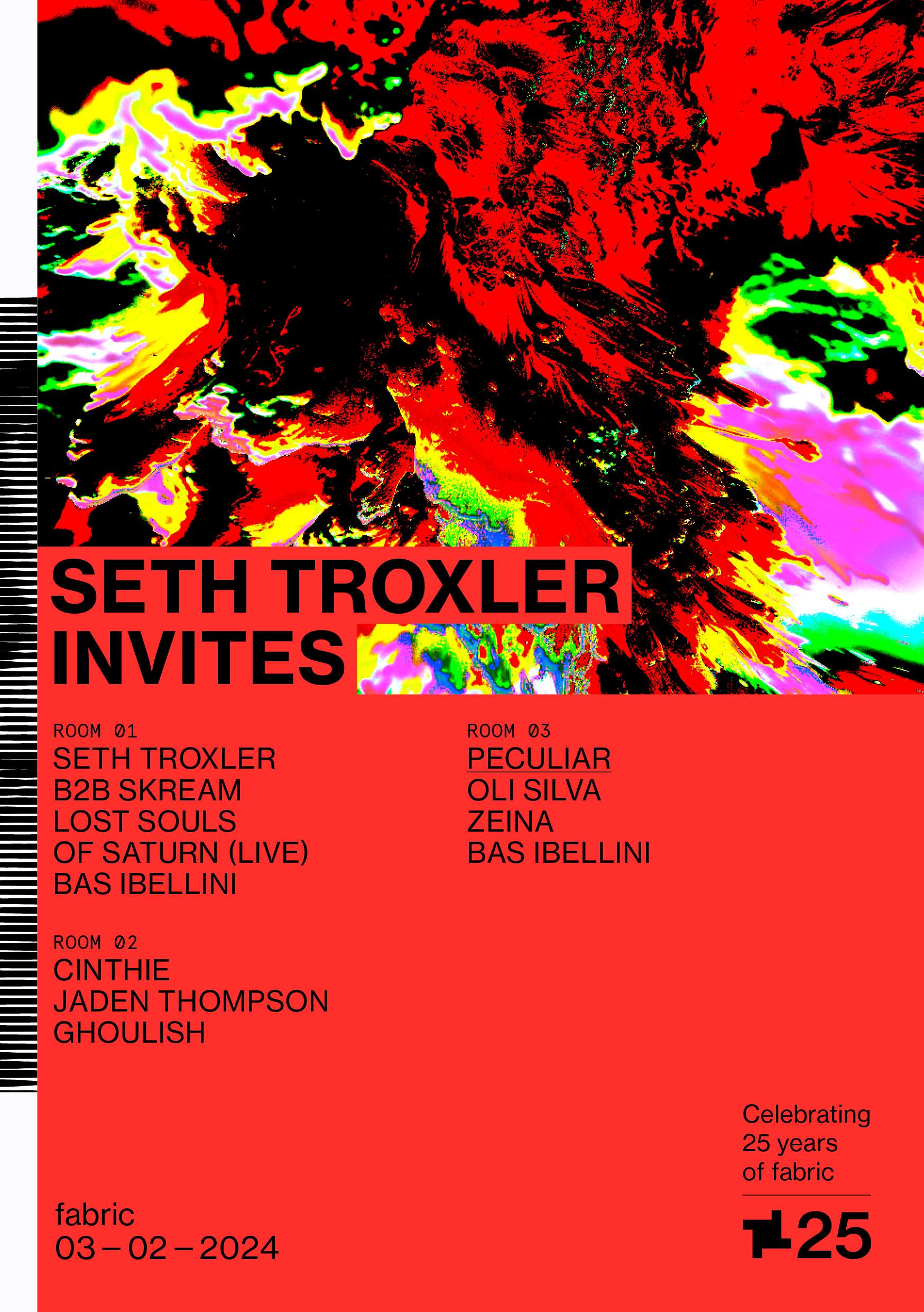 fabric25: Seth Troxler Invites – Seth Troxler B2B Skream, Lost Souls of Saturn, Cinthie  - フライヤー表