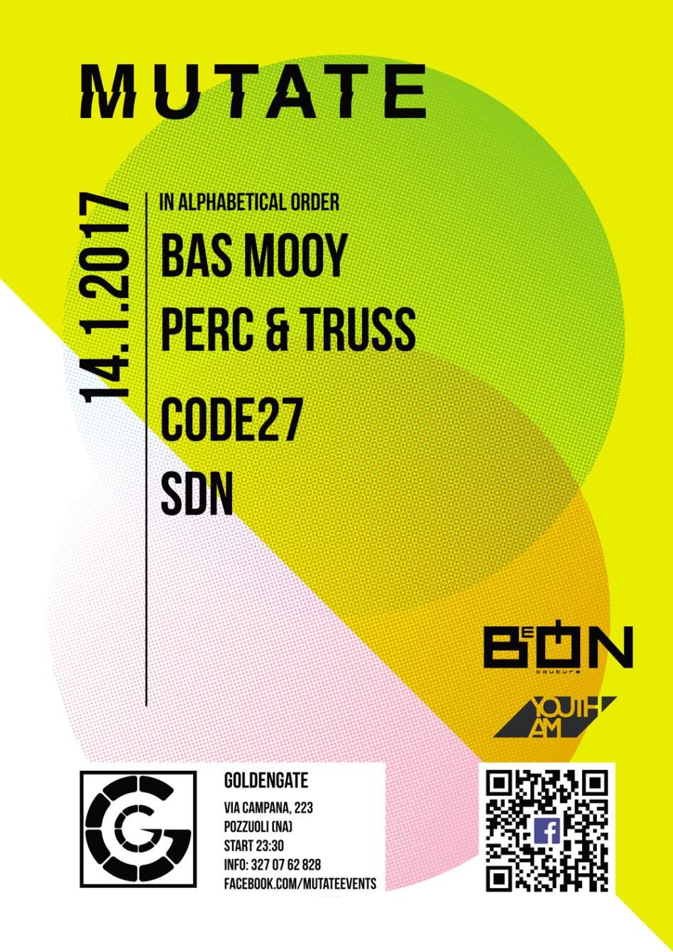 Mutate Pres.: Bas Mooy, Perc & Truss, Code27, SDN at Golden Gate - フライヤー裏