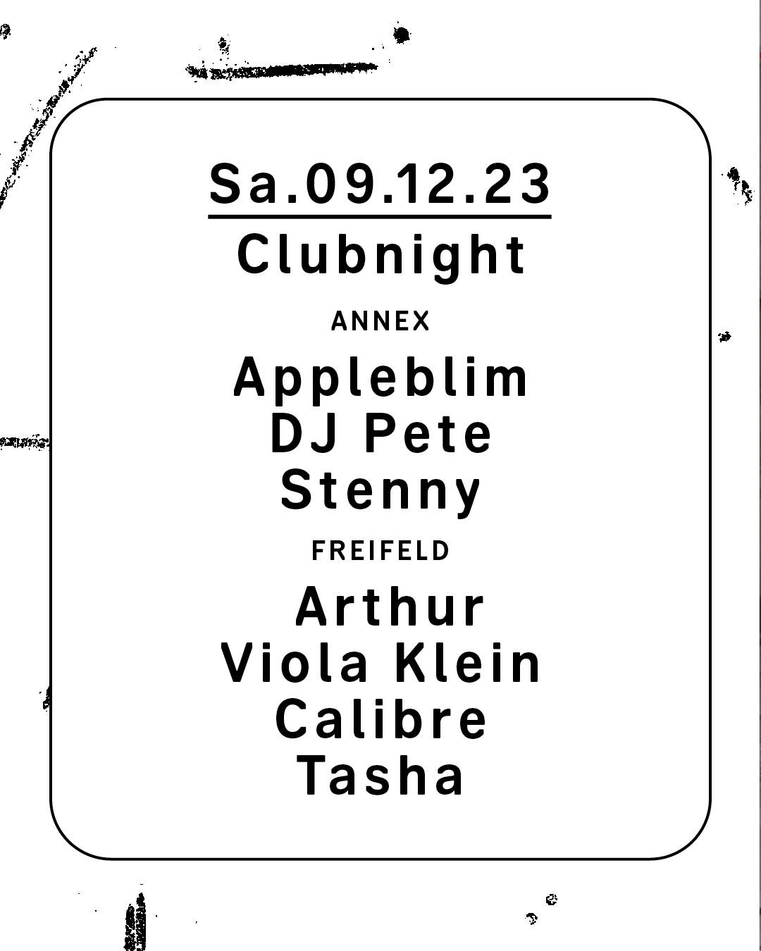 Clubnight - Arthur, Viola Klein, Calibre, Tasha, Appleblim, DJ Pete, Stenny - フライヤー裏