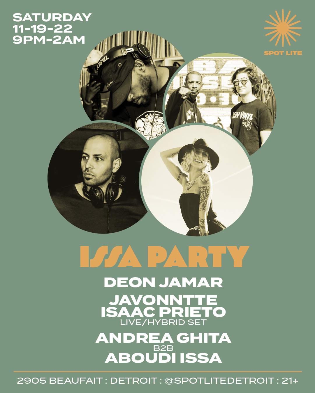 ISSA PARTY: Deon Jamar  Javonntte B2B Isaac Prieto  Andrea Ghita B2B  ABOUDI ISSA at Spot Lite Detroit, Detroit
