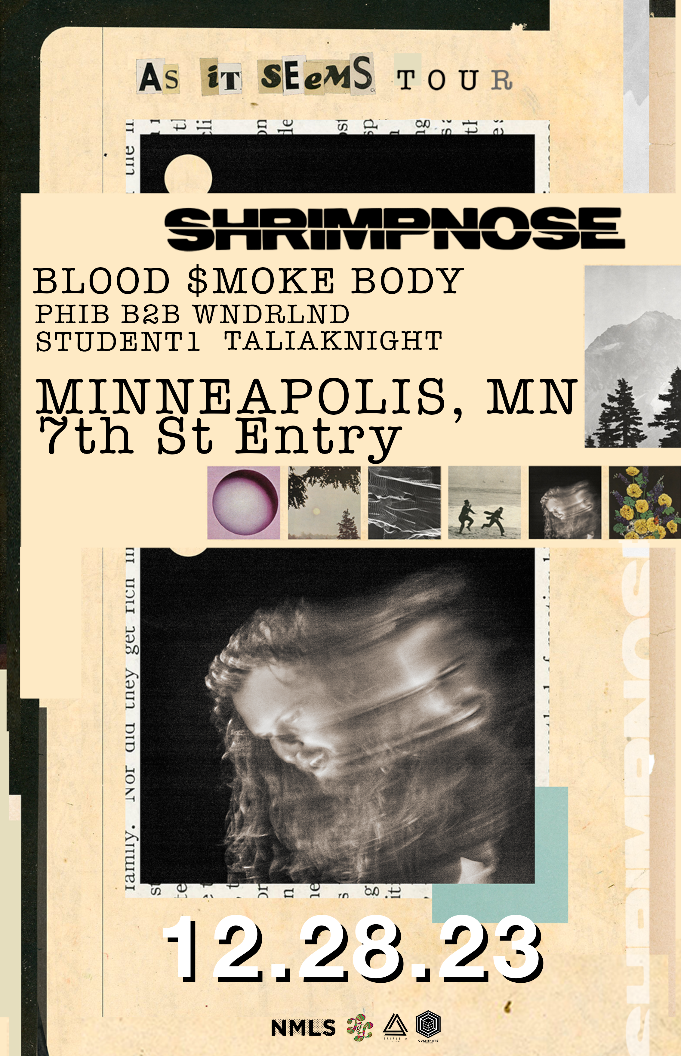 Shrimpnose - As It Seems Tour with BLOOD $MOKE BODY, Phib b2b WNDRLND, student 1, TaliaKnight - Página frontal