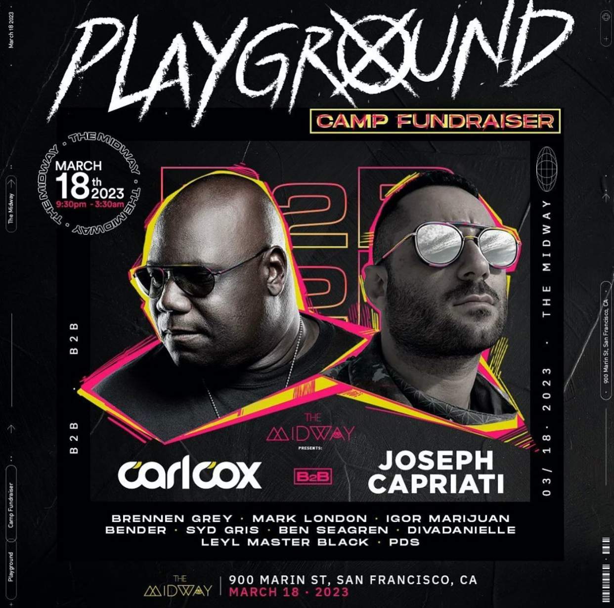 Carl Cox & Joseph Capriati • DJ Mark London • Playground Camp • Burning Man Fundraiser - フライヤー表