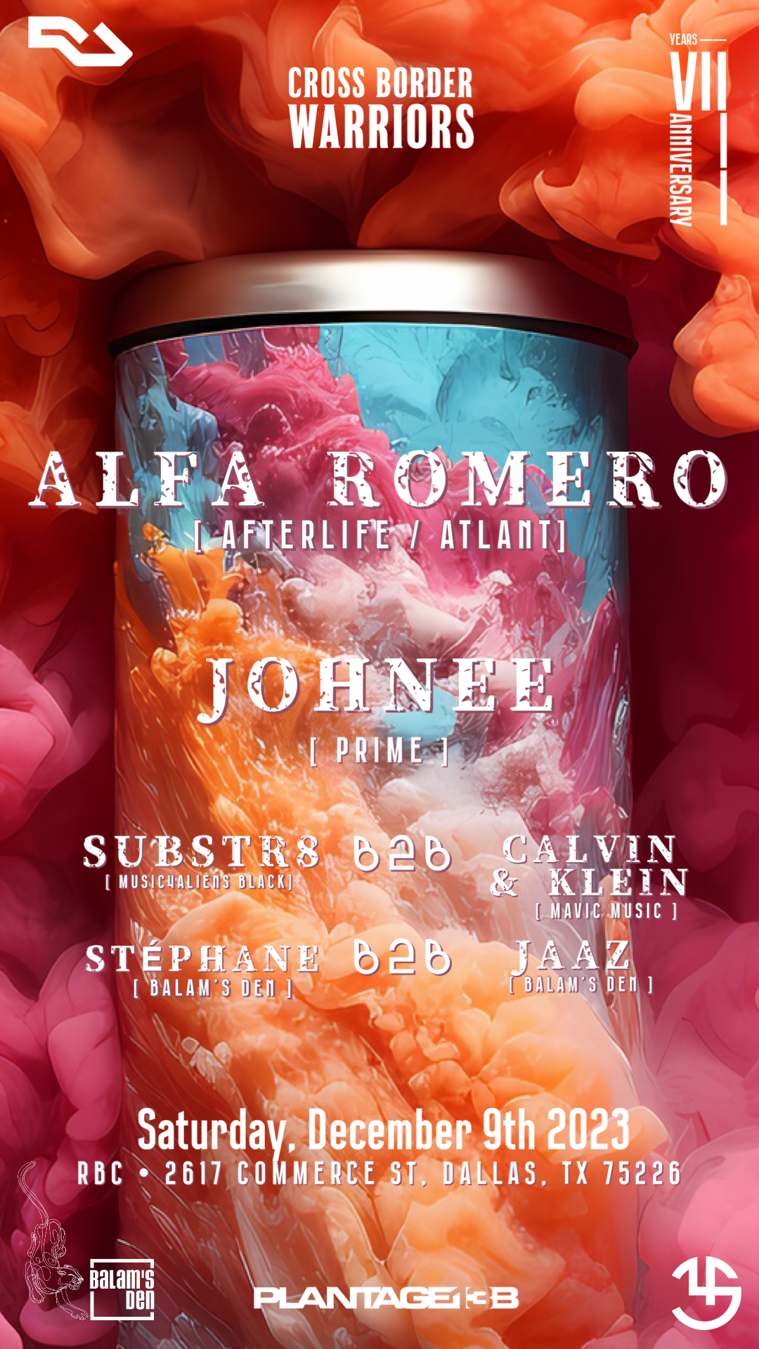 VII YEARS ANNIVERSARY > Alfa Romero (Afterlife) / JOHNEE / Substr8 / C+K / Balam's Crew - フライヤー表