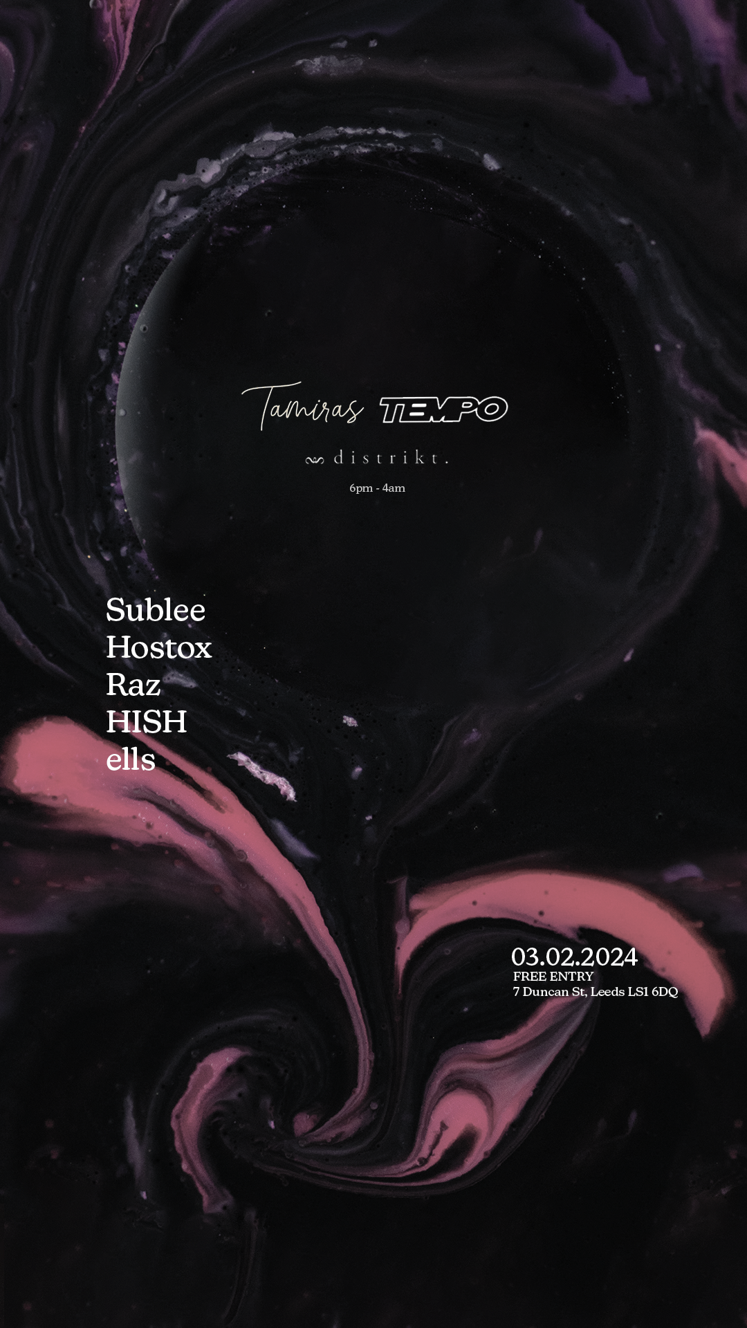 Tamiras x Tempo with Sublee, Hostox @Distrikt Bar Leeds - Página frontal
