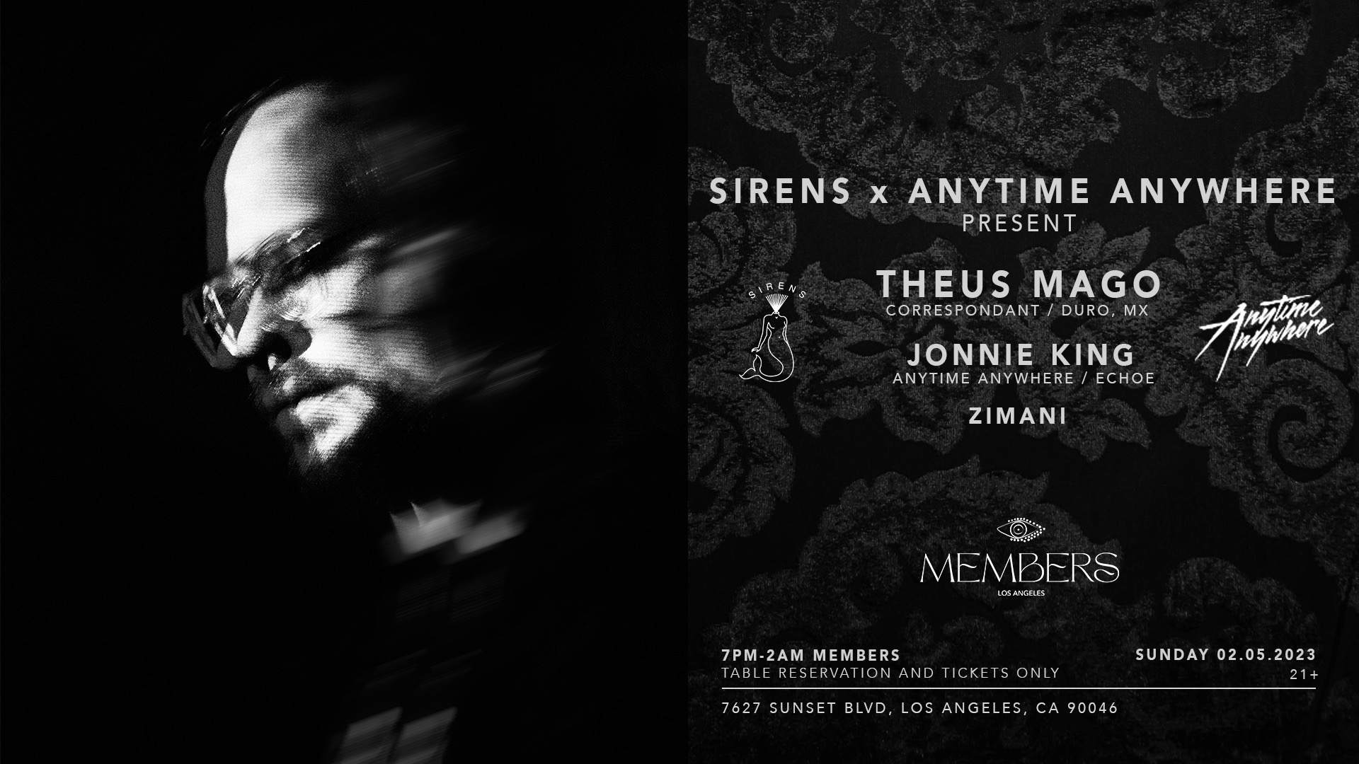 Sirens x Anytime Anywhere present: Theus Mago and Jonnie King - Página frontal
