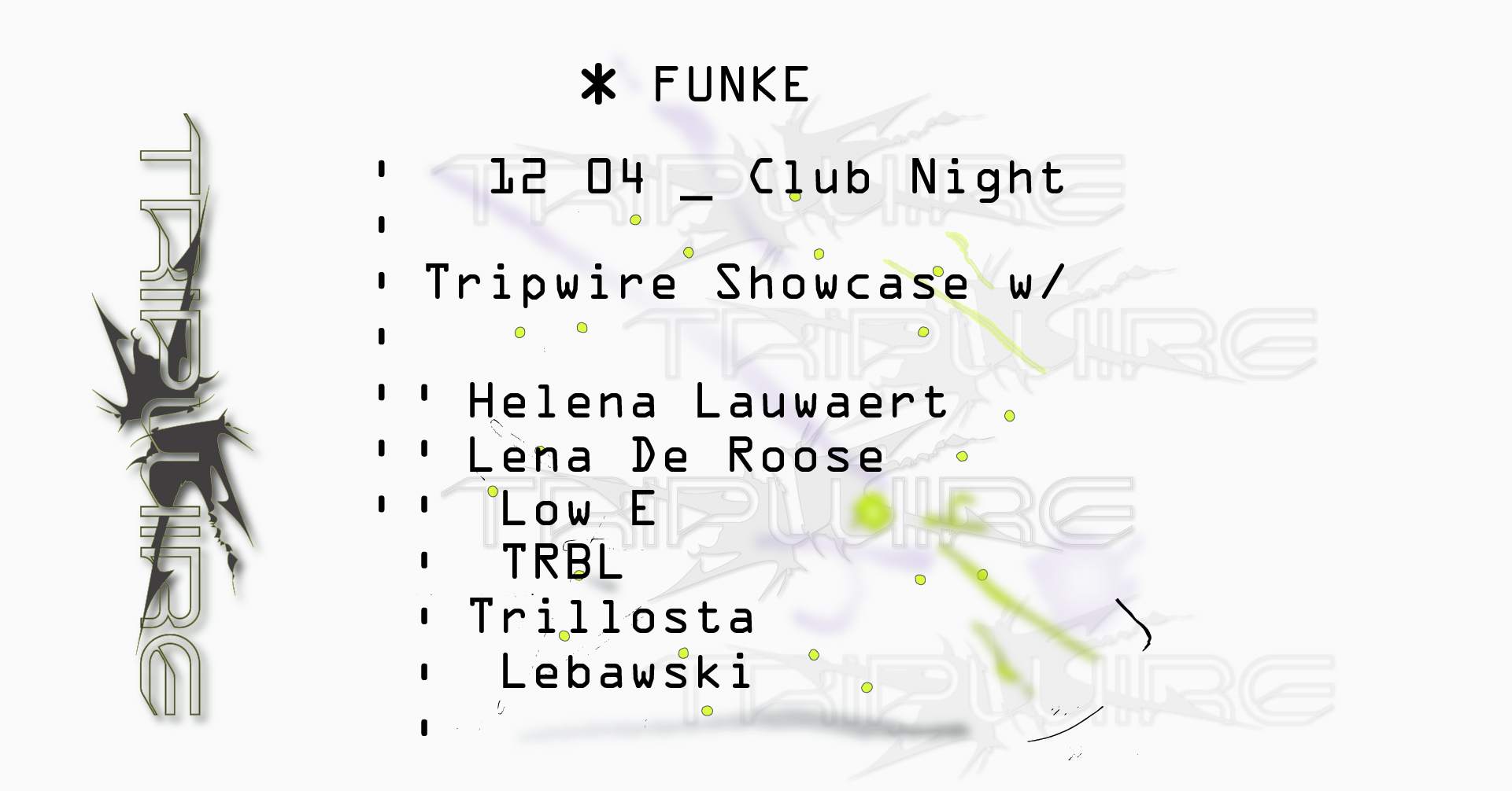 Funke_Tripwire Showcase with Helena Lauwaert, Lena De Roose, Low E, TRBL, trillosta, Lebawski - フライヤー表
