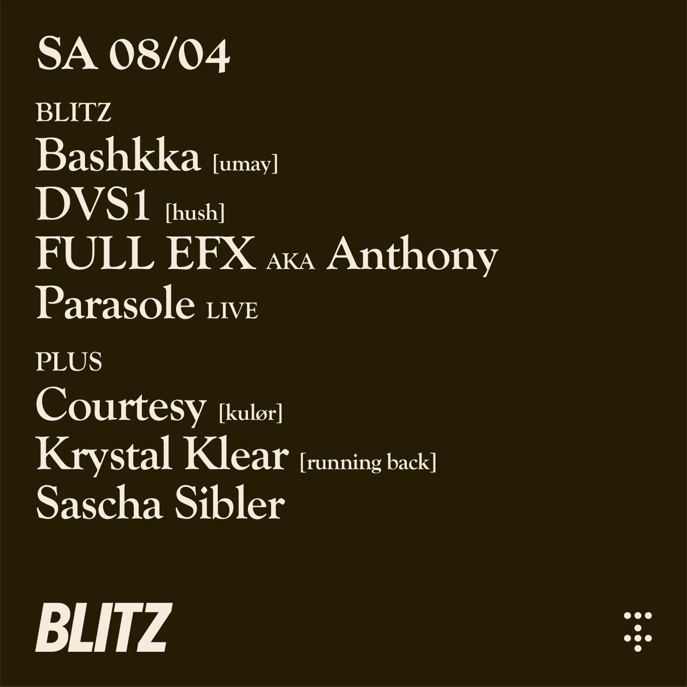 BLITZ with Bashkka, Courtesy, DVS1,FULLEFX aka AnthonyParasole, Krystal Klear, SaschaSibler - フライヤー裏