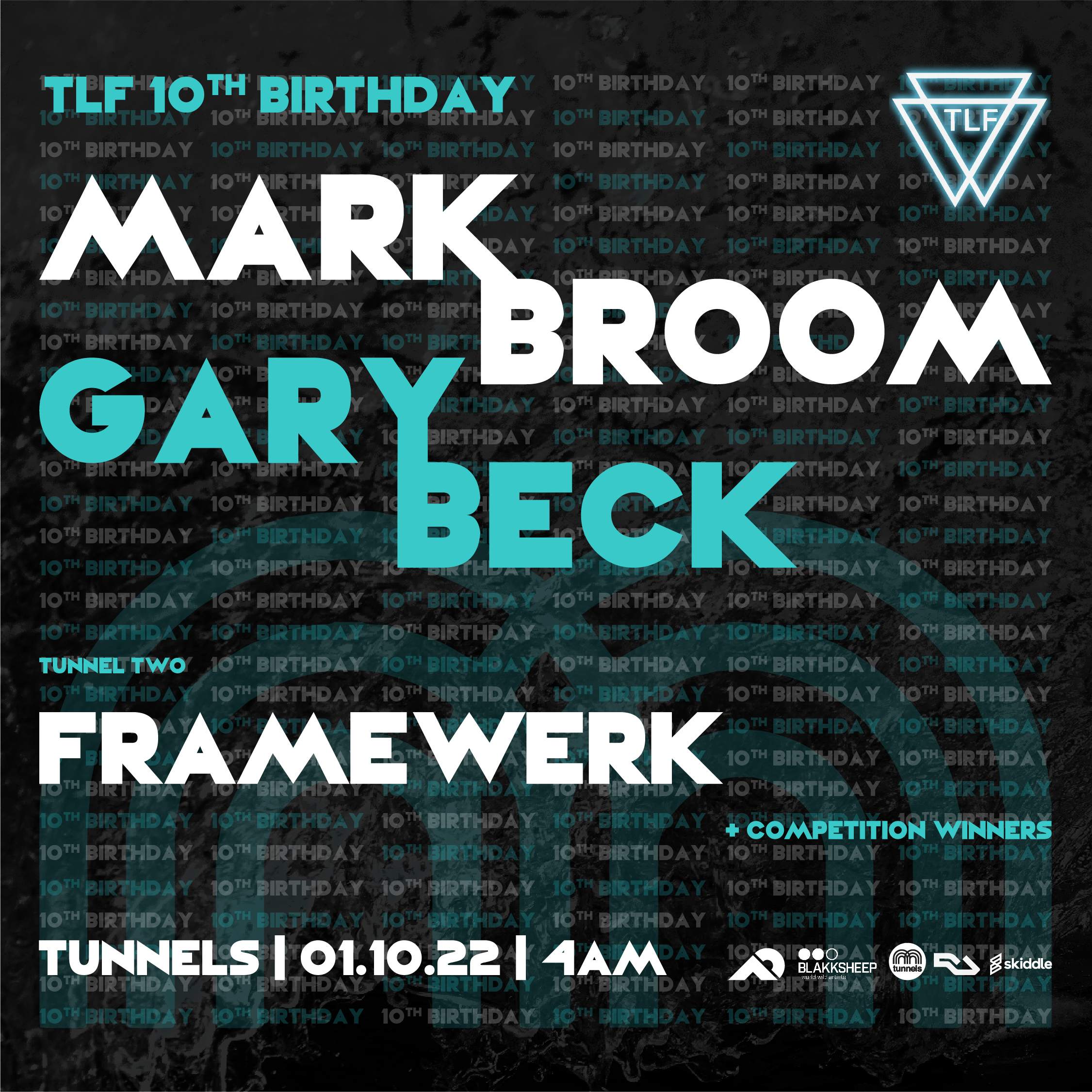 TLF 10th Birthday: Mark Broom // Gary Beck // Framewerk // 4am License - Página frontal