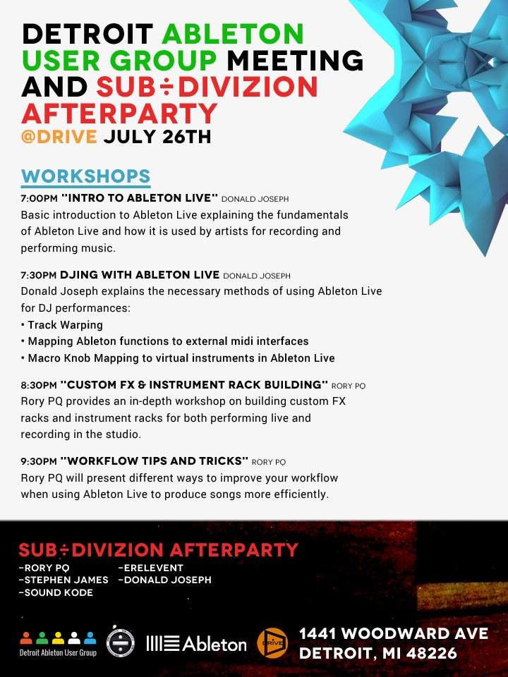 Detroit Ableton User Group Meeting and Sub÷divizion After-Party at Drive - Página frontal