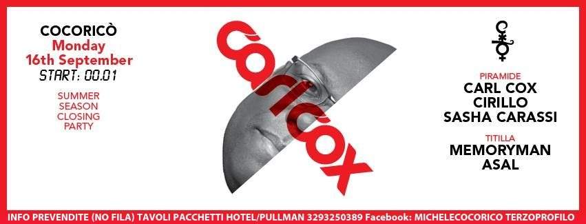 15 08 2013 Cocoricò Carl COX Closing Party Prevendite Biglietti Tavoli Pacchetti Hotel Pullman - Página frontal