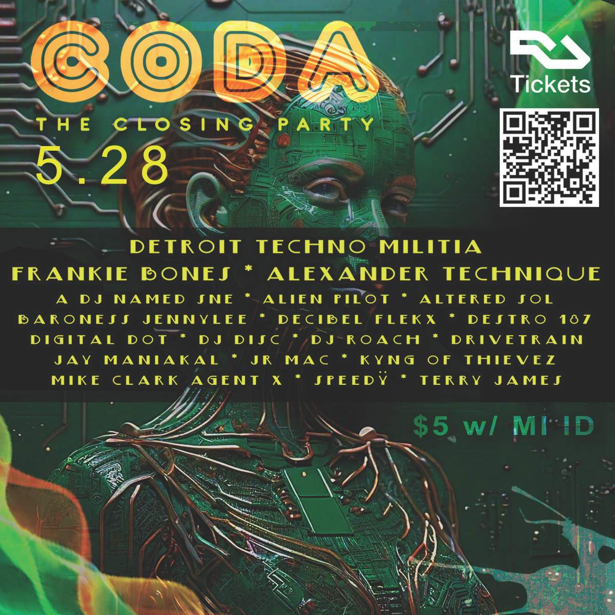 CODA: The Closing Party - Detroit Techno Militia, Frankie Bones, Alexander Technique + more - フライヤー裏