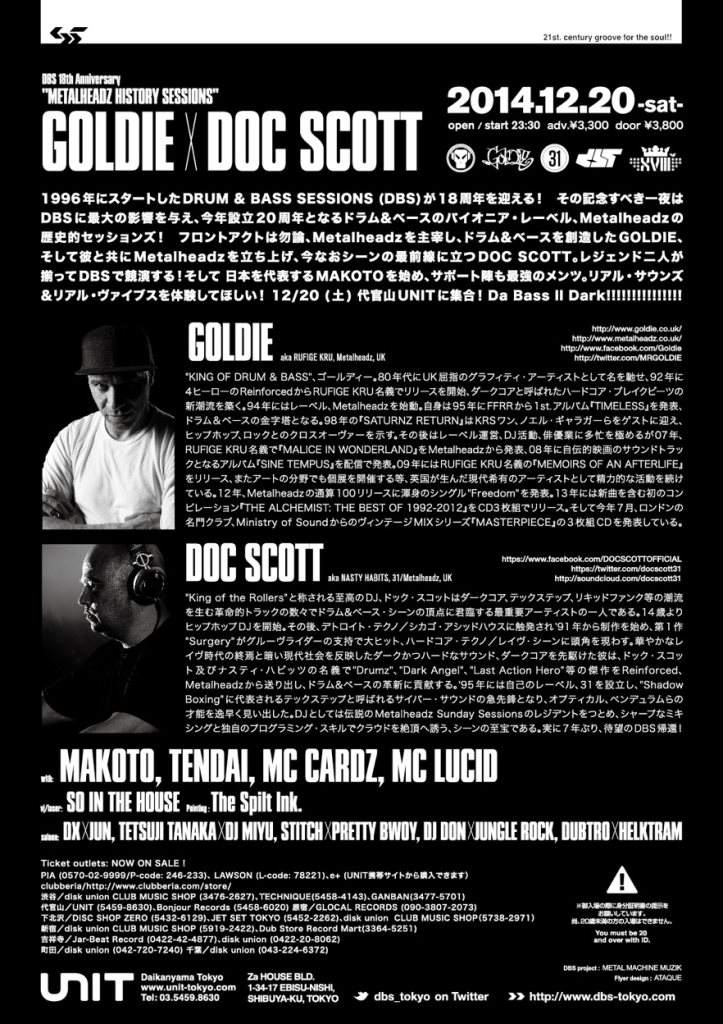 DBS 18th 'Metalheadz History Sessions' Feat. Goldie x DOC Scott - フライヤー裏