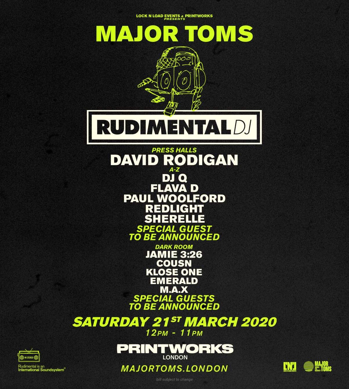 [CANCELLED] Major Toms presents Rudimental and Friends - Página frontal