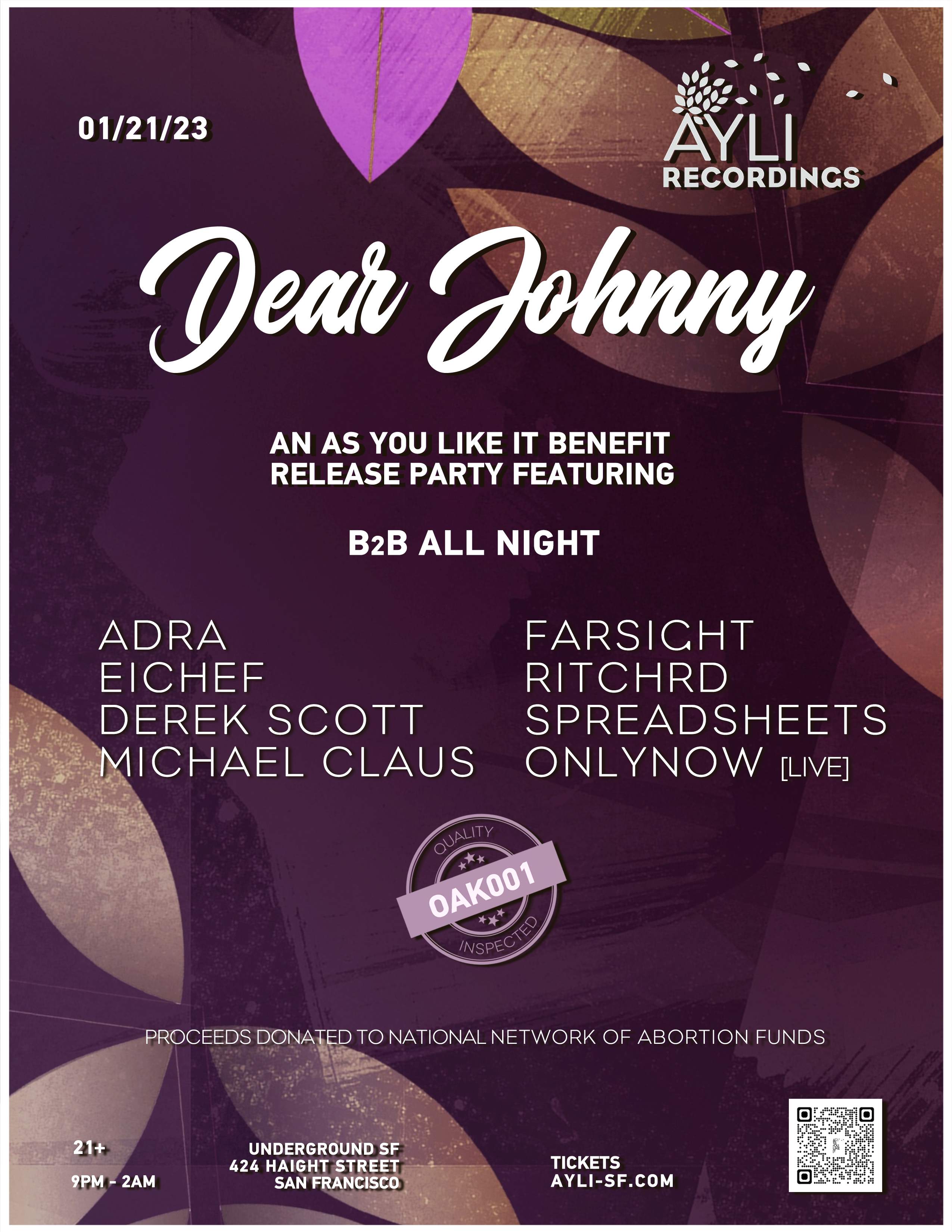 AYLI Recordings presents 'Dear Johnny' Release Party - フライヤー表
