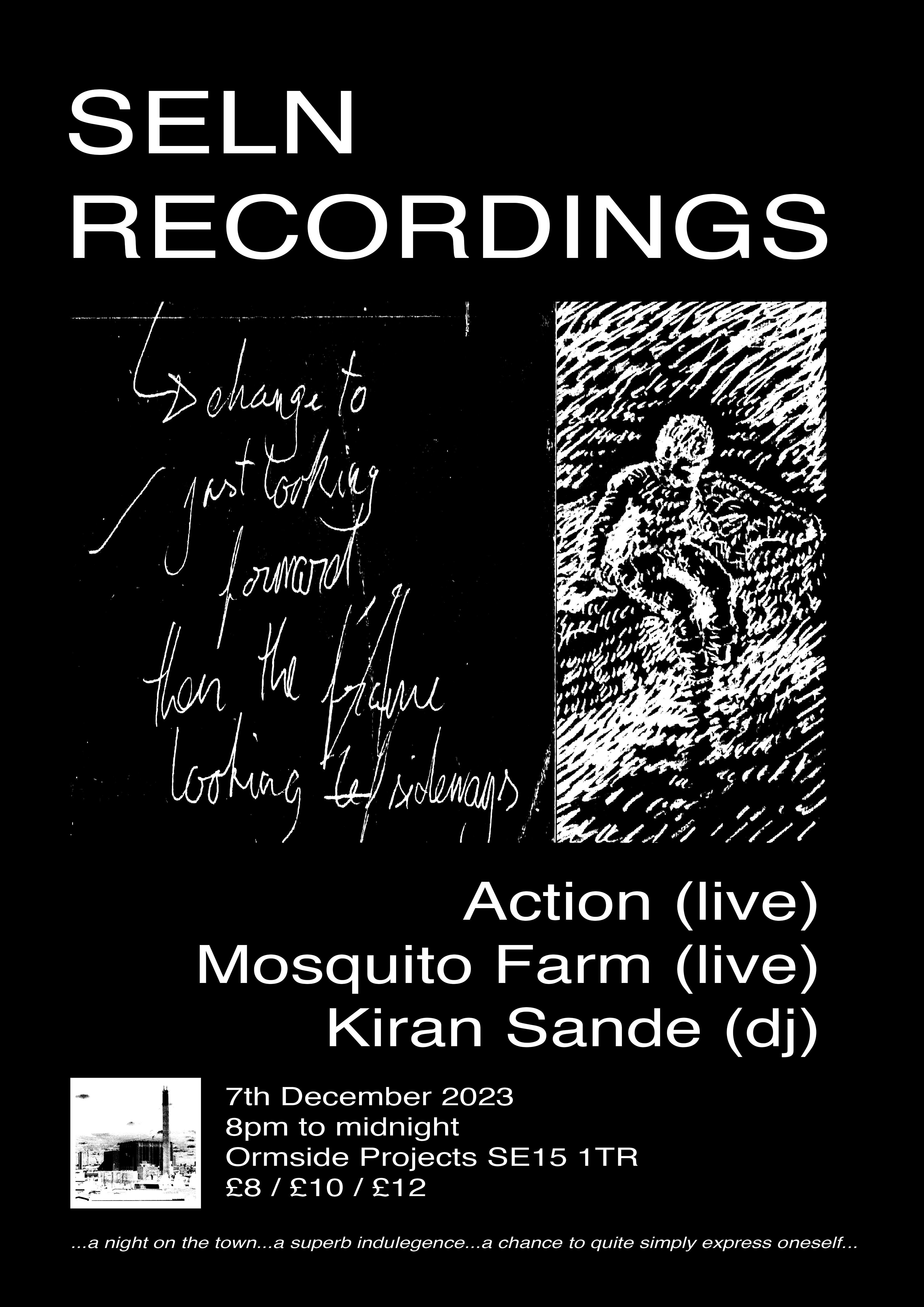 SELN Recordings: Action (Conrad Pack & DJ Gonz live), Mosquito Farm (live) & Kiran Sande (DJ) - フライヤー表