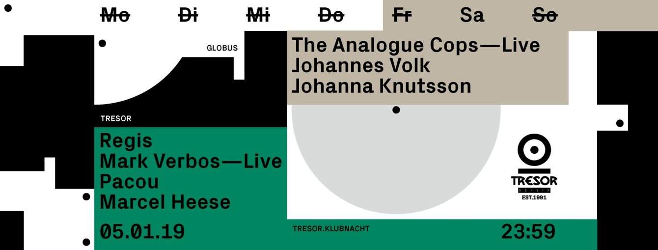 Tresor.Klubnacht with Regis, Mark Verbos, Pacou, Analogue Cops - フライヤー表