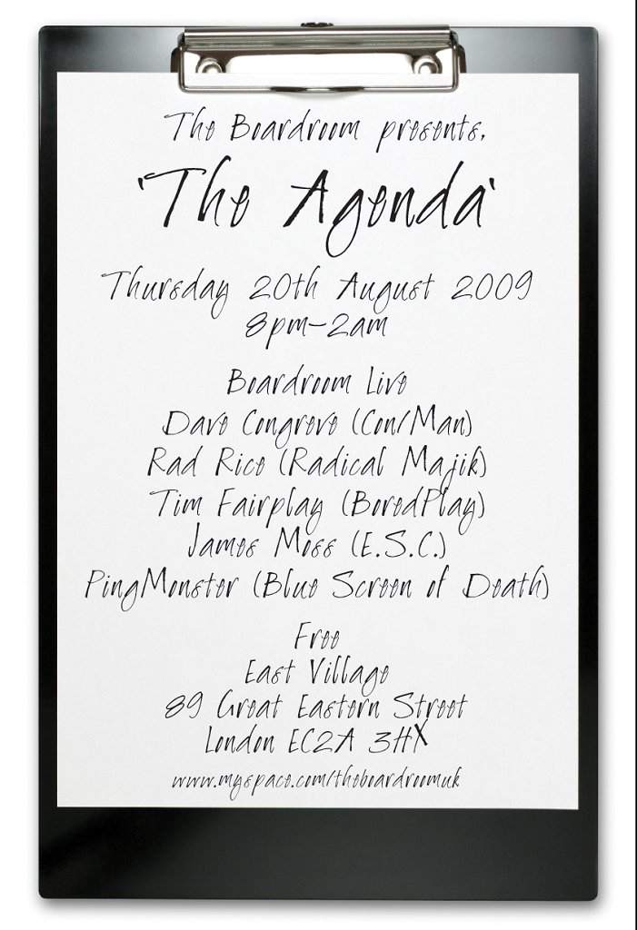 The Boardroom presents 'The Agenda' - 'Andrew Weatherall vs The Boardroom Volume 2' Album Launch Party - Página frontal