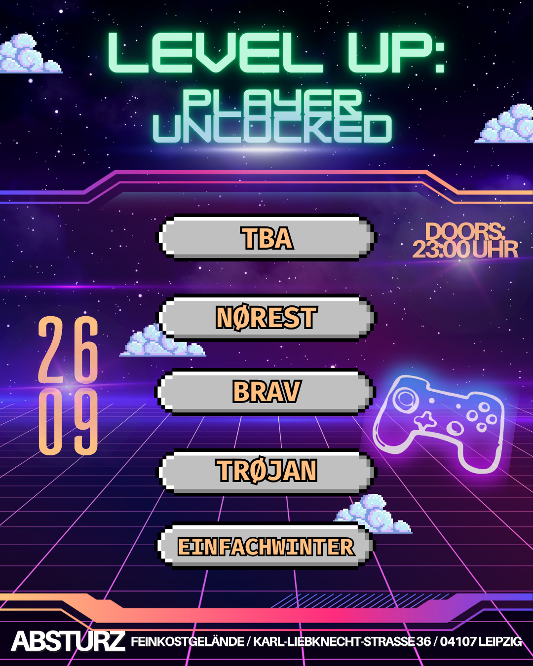 LEVEL UP: PLAYER UNLOCKED at Absturz, Leipzig