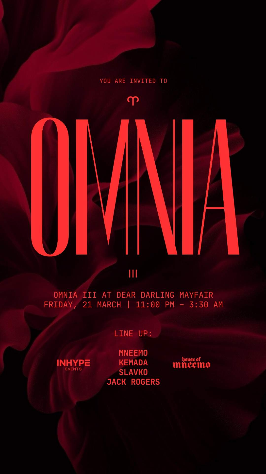 OMNIA III flyer · MNEEMO live at Dear Darling, Mayfair