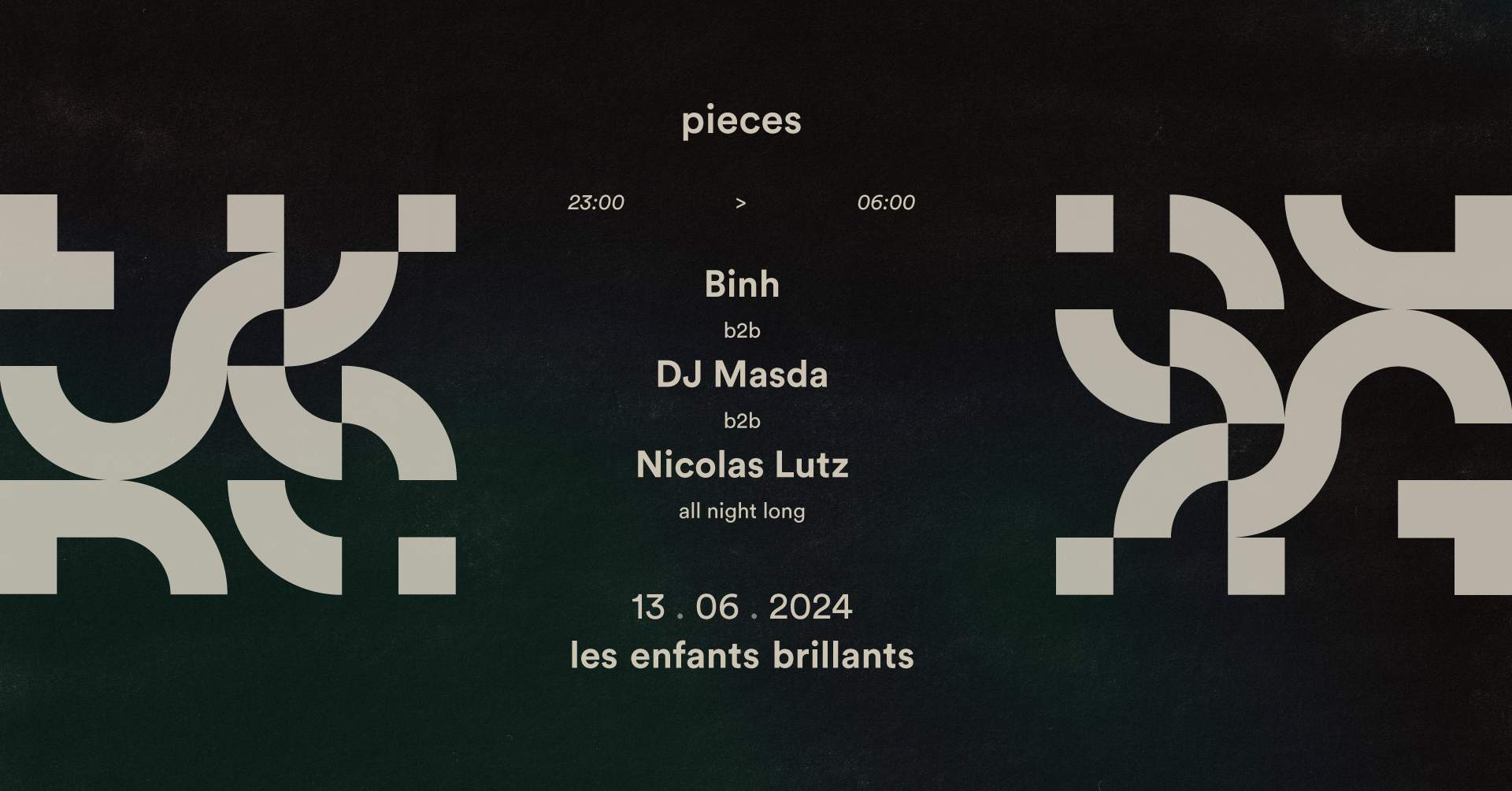 Pieces showcase (OFF BCN) pres. Binh b2b DJ Masda b2b Nicolas Lutz All Night Long - フライヤー表