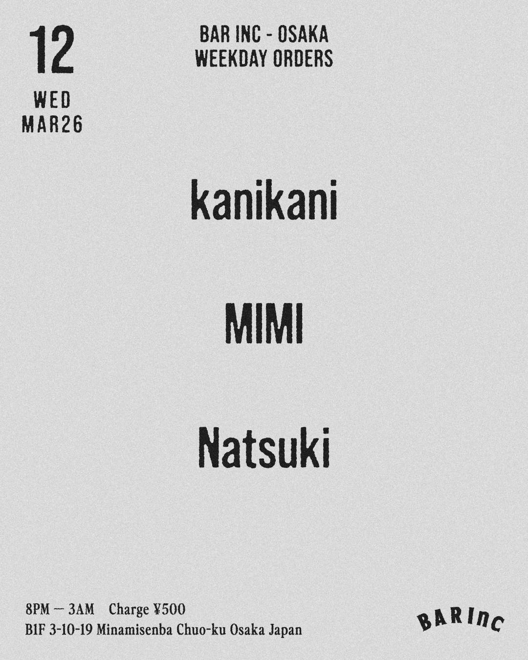 WEEKDAY ORDERS at BAR Inc, Osaka