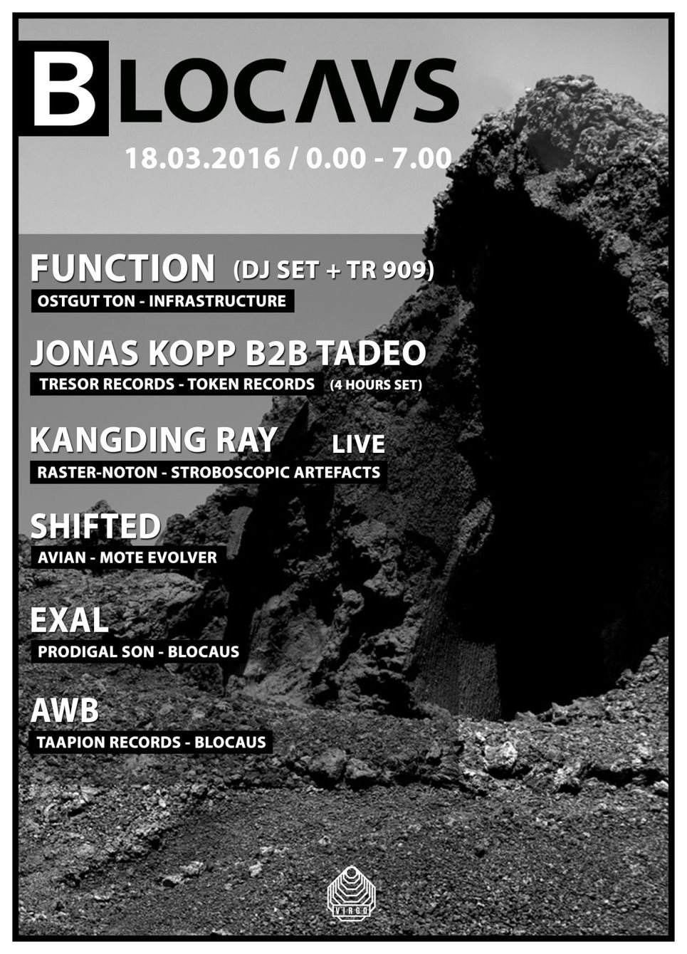 Blocaus with Function, Shifted, Jonas Kopp B2B Tadeo, Kangding Ray (Live), AWB, Exal - フライヤー表