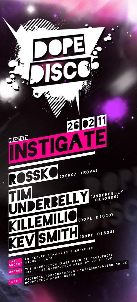 Dope Disco presents Instigate with Rossko and Tim Underbelly - Página frontal