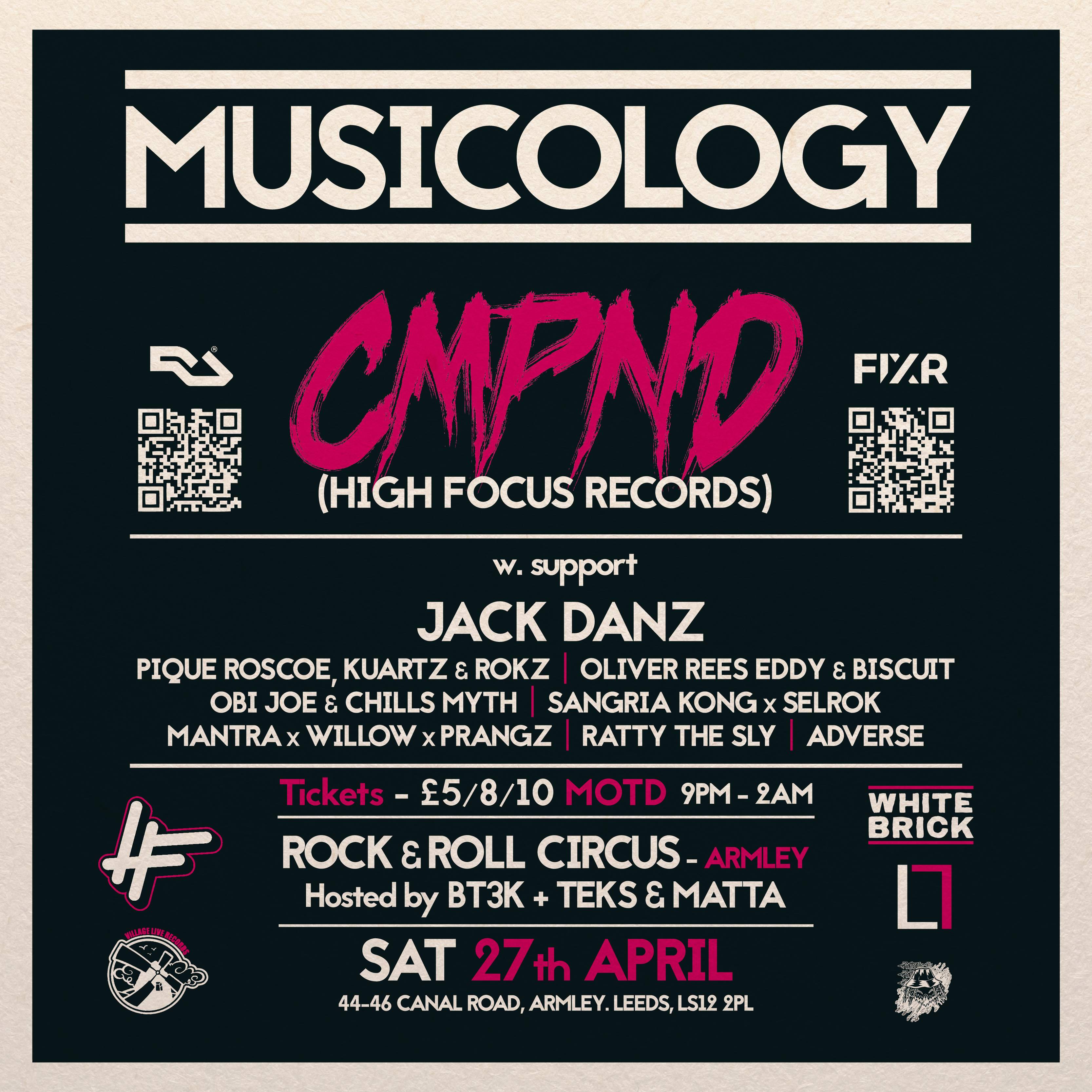 Musicology Presents:- CMPND (High Focus Records) + Jack Danz / Pique Roscoe / Oliver Rees - Página frontal