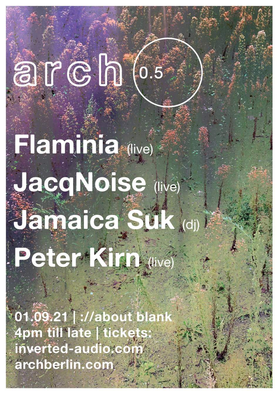 Arch 0.5: Flaminia, Jacqnoise, Jamaica Suk, Peter Kirn - フライヤー表